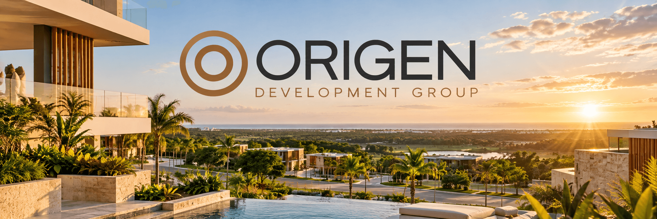 ORIGEN Development Group — paisaje con arquitectura, piscina y vegetación tropical al atardecer
